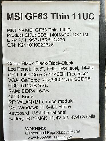 notebook qiymetleri: MSI oyun noutbuku Xüsusiyyətlər: - Ekran: 15.6" FHD (1920×1080) — 5