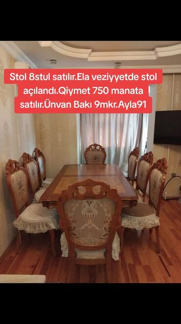Masa və oturacaq dəstləri: Stol 8stul satılır.Ela veziyyetde stol açılandı.Qiymet 750 manata