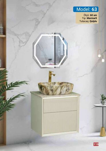santexnika utusu: 60 sm ölçülü bu güzgü dəsti mərmər tipli lavabo və qulplu tutacaqları