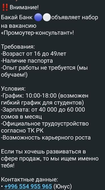 вакансия банк: Требуется Промоутер, Без опыта, Подработка, График: Два через два, Карьерный рост