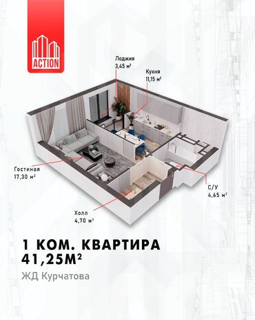 однокомнатная квартира джал в Кыргызстан | Продажа квартир: Строится, Индивидуалка, 1 комната, 41 м²