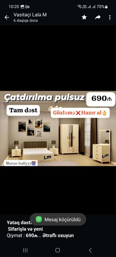 embawood yataq mebelleri ve qiymetleri: *Yataq dəsti* *Sifarişlə və yeni* Qiymət : *690₼* Dəstə daxildir