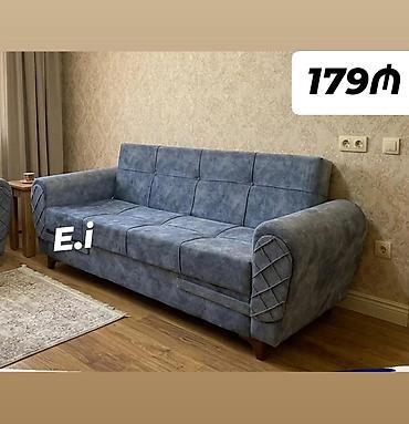 islemis divan: Mavi rəngdə, geniş oturacaq sahəsi olan 3 nəfərlik divan. Yumşaq parça — 1
