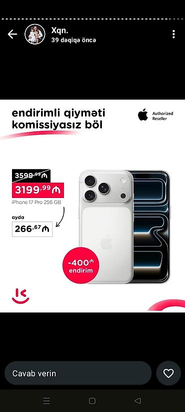 iphone 17 qiyməti: IPhone 17 Pro Max, 256 GB, Narıncı, Hissə-hissə ödəniş — 1