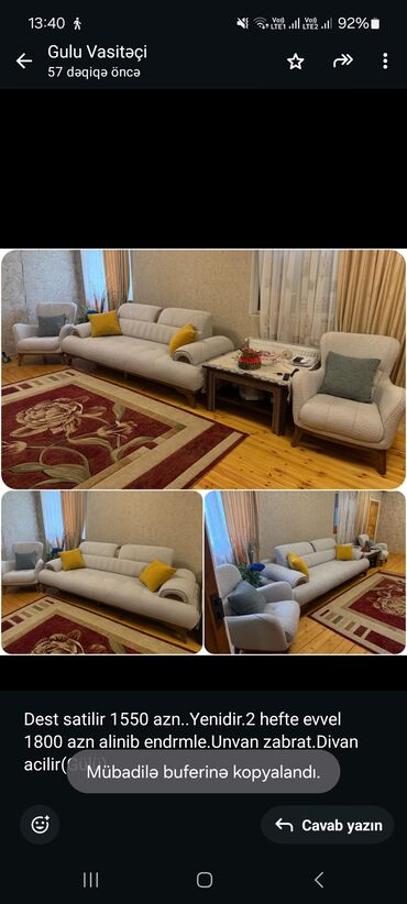 Sifarişlə yazı masaları: İşlənmiş, Divan, 2 kreslo