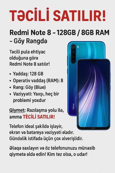 Xiaomi: Xiaomi Redmi Note 8, 128 GB, rəng - Göy, 
 Sensor, Barmaq izi, İki sim kartlı
