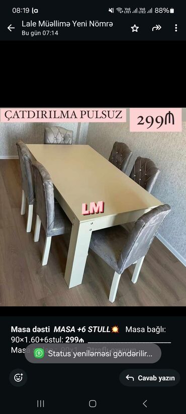 restoran ucun stol stullar: *Masa dəsti* _*MASA +6 STULL💥*_ Masa bağlı: 90×1.60+6stul: *299₼*