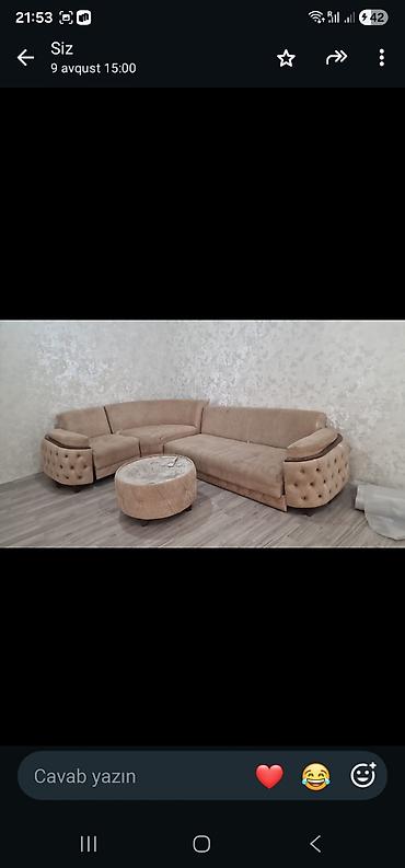 mingəcevir mebel: Divan dəsti, L-şəkilli künc divan və uyğun dairəvi pufdan ibarətdir — 1