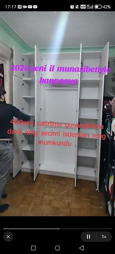 qardirob: Mebel: Gardırob (3 güzgülü, çoxotlu) - Rəng: açıq krem - Ön paneldə 3 — 7