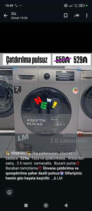 2 ci əl soyuducular: Paltaryuyan maşın 7 kq, Yeni, Qurutmasız, Kredit yoxdur, Ödənişli çatdırılma
