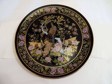 Άλλα αντικείμενα για το σπίτι: Χειροποίητο πιάτο 3 παγώνια - Μαύρο έργο τέχνης σε χρυσό 24 καρατίων