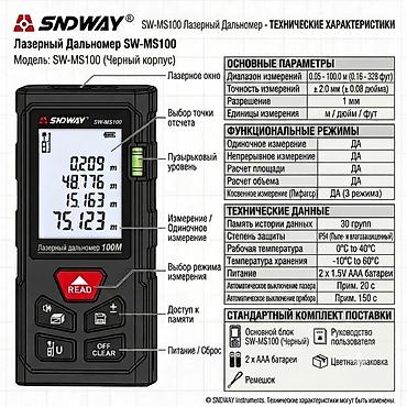 Рулеткалар жана алысты өлчөгүчтөр: Дальномер SNDWAY SW-M50-(2400) Дальномер SNDWAY SW-MT4-(1800) — 5