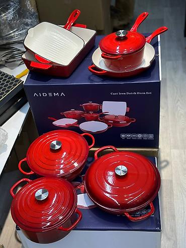 cast: Набор чугунной посуды AIDEMA — Cast Iron Dutch Oven Set, зелёный. 7в1 — 3