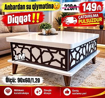 Masaüstü dizayna sahib çoxfunksiyalı orta masa. - Ölçü: 90x60/1.20