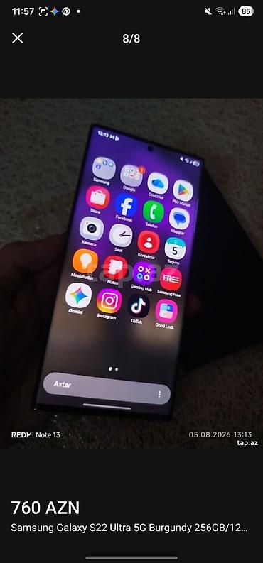ən ucuz kompüter qiymətləri: Samsung Galaxy S22 Ultra, 256 GB, rəng - Bənövşəyi, Simsiz şarj — 6