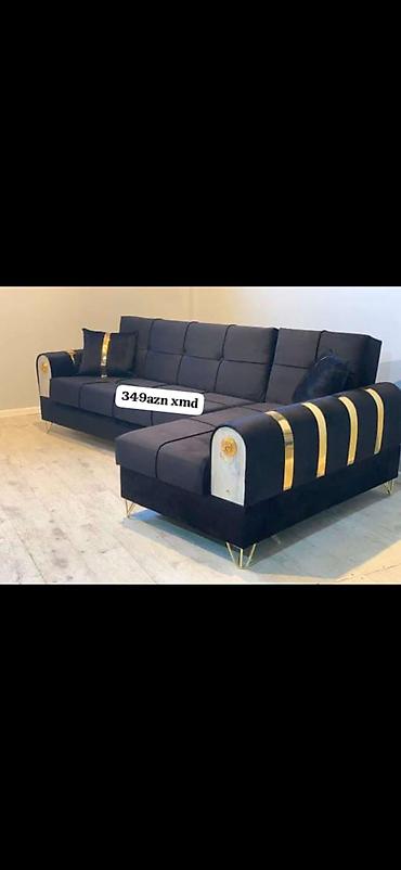 saloglu mebel: L‑şəkilli yumşaq künc divan - Rəng: tünd göy/qara tonlarda, qızılı — 1