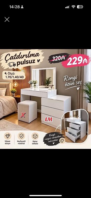 sekis masaş: Müasir dizaynlı makiyaj masası və güzgü dəsti - Ölçü: 1.70/1.40/40 - — 1
