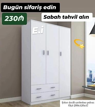 Ev üçün mebel: Ağ rəngli 3 qapılı paltar dolabı - Dizayn: Minimalist, hamar səthlər — 1