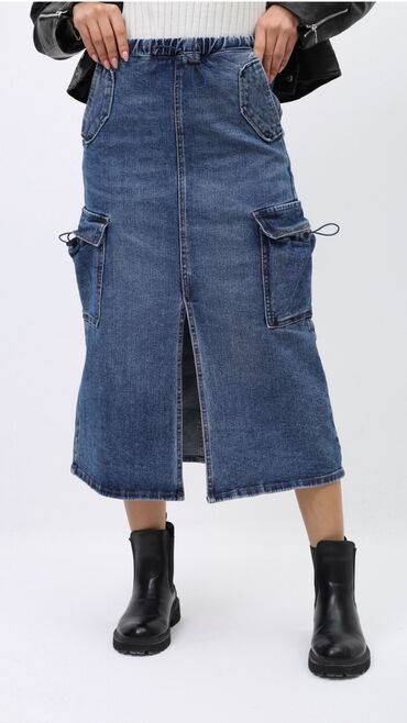 джинсовая юбка миди: Юбка, Модель юбки: Карго, Миди, Джинс, По талии, С вырезом