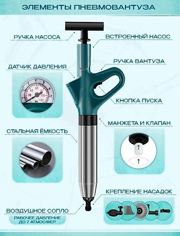 Тросы для чистки канализации: Пневмовантус с компрессионным насосом и набором насадок Универсальный — 8