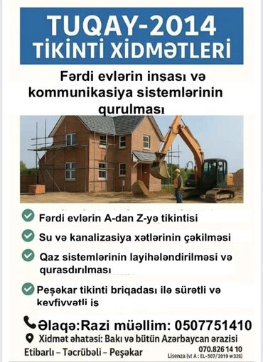 Digər tikinti xidmətləri: Fərdi evlərin inşası və kommunikasiya sistemlərinin qurulması