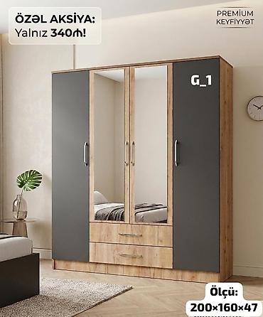 yorgan döşek dolabı: Yataq otağı dəsti – şkaf + iki ədəd çarpayı - 4 qapılı geyim şkafı — 1