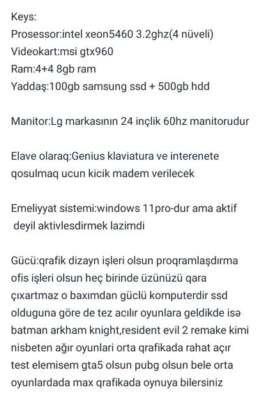 Masaüstü kompüterlər və iş stansiyaları: Prablemsiz kaputerdi. pula ehtiyacim var xestrm var deye satiram