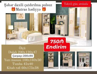 qranit pol: Oğlan və qız üçün, Yeni, Təknəfərlik çarpayı, 2 tumba, Dolab, Yazı masası
