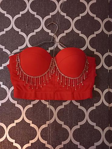 sandy paltar: Qırmızı rəngli büstqalter-top (strapless) - Korse tipli, yüksək belə — 1