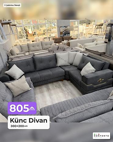 Künc divan – 300×200 sm - Rəng: tünd boz - L‑şəkilli, geniş oturma