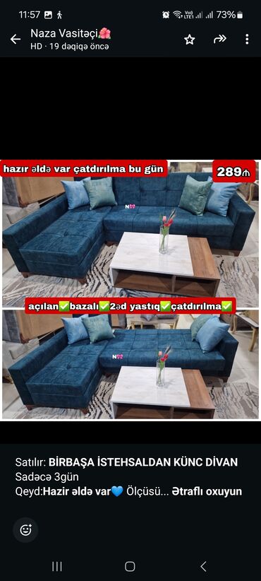 islenmis divanlarin satisi: Künc divan, Qonaq otağı üçün, Bazalı, Açılan