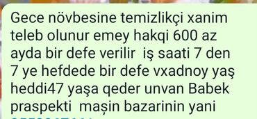 gece smeni iş elanları 2023: Xadimə tələb olunur, Aylıq ödəniş, 30-45 yaş, 1-2 illik təcrübə