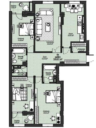 4х квартира: 4 комнаты, 120 м², Элитка, 4 этаж