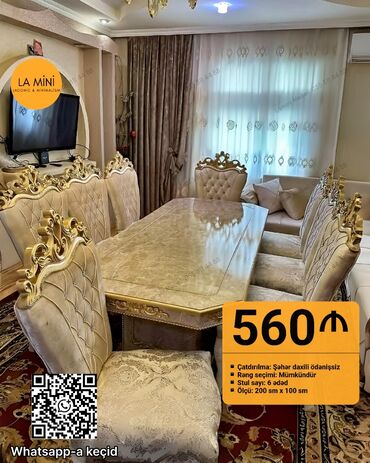 кухонные стулья: Qonaq otağı üçün, Yeni, Açılmayan, Dördbucaq masa, 6 stul