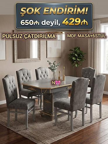 MDF masa + 6 stul dəsti - Rəng: boz/boz-qızılı dekor elementləri -