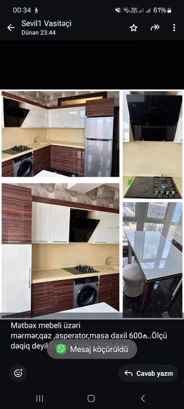 islenmis metbex stolu: Mətbəx mebeli üzəri mərmər,qazasperator,masa daxil 600₼. Ölçü dəqiq