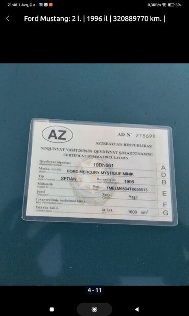 mator aliram: Ford MERCURY, 2 l, Benzin, 1996 il, Orijinal, ABŞ, İşlənmiş