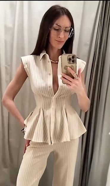 minduse za devojcice: Ženski komplet sa prugama – bluza sa peplum krojem i pantalone - — 4