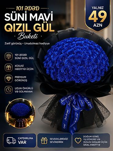 qara gül: 101 ədəd süni mavi qızıl gül buketi - Zərif görünüşlü, unudulmaz — 1