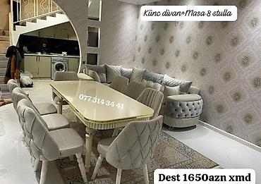 delloro mebel divanlar: Künc divan + masa və 8 stul dəsti - Rəng: açıq boz/bej tonlarında — 1