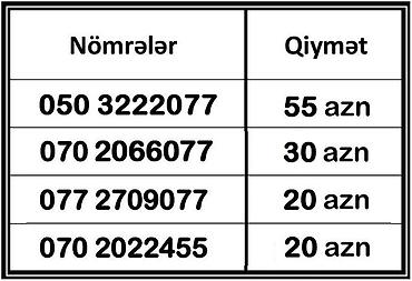 azercell sim: Satışda mobil nömrələr: - 050 3222077 — qiymət: 55 AZN - 070 2066077 — 1