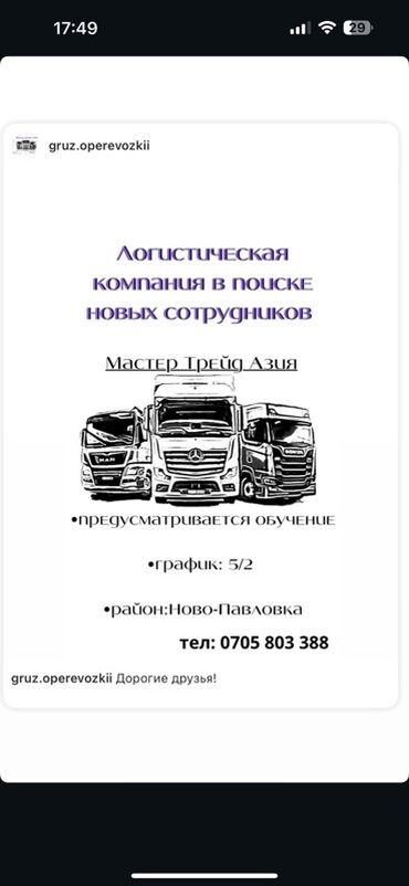 Чет мамлекеттеги жумуш: Логистическая компания «Мастер Трейд Азия» ищет новых сотрудников. -