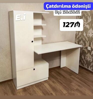 стеклянный стол на кухню купить: Ağ rəngdə çoxfunksiyalı yazı/kompüter masası. Ölçü: 150 x 150 x 55 sm