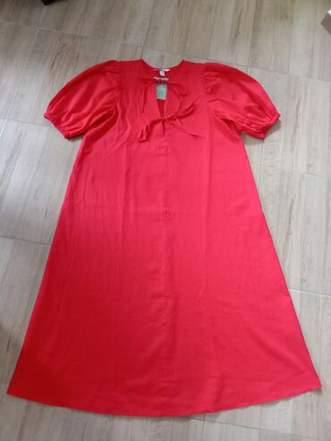 lanene haljine: H&M M (EU 38), L (EU 40), bоја - Crvena, Drugi stil, Kratkih rukava