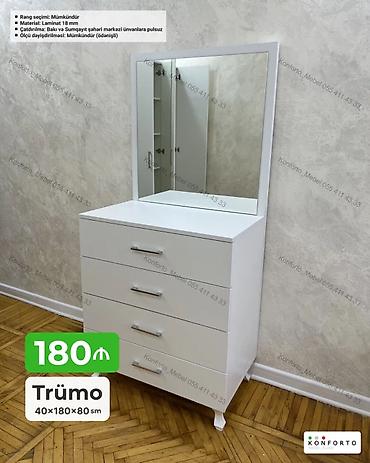 guzgu samdan: Trümo – 40×180×80 sm - Klassik dizaynlı ağ trümo, böyük güzgü və 4 — 1