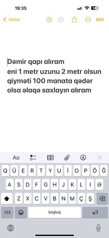 islenmis qapi: Xidmət: Dəmir qapı alınır Tələblər: - Material: dəmir - Ölçü: eni 1