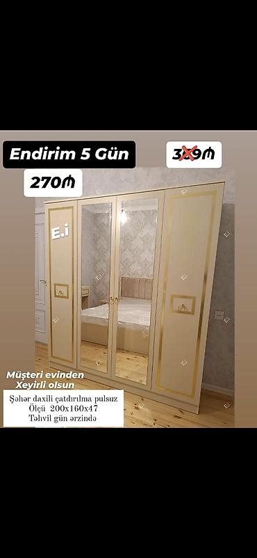 işlənmiş mebel alan: *4 qapılı dolab Endirim 270AZN💥* ▫️Rəng seçimi var ▫️Şəhər daxili — 3