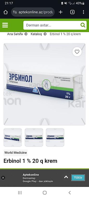 Erbinol 1% 20 q krem Məhsul: Antimantar krem Fəal maddə: Terbinafin lalafo.az -da Erbinol 1% 20 q krem Məhsul: Antimantar krem Fəal maddə: Terbinafin