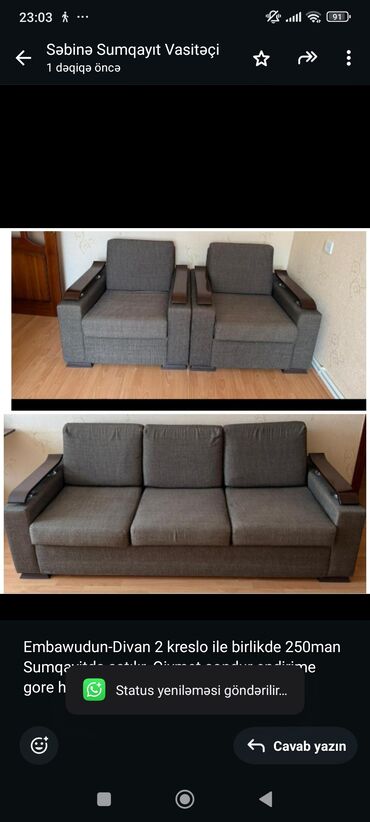 Sifarişlə çarpayılar: İşlənmiş, Divan, 2 kreslo