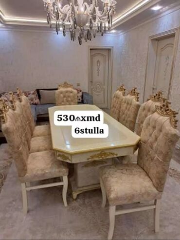 stol stul ev üçün: Qonaq otağı üçün, Yeni, Açılmayan, Dördbucaq masa, 6 stul, Azərbaycan